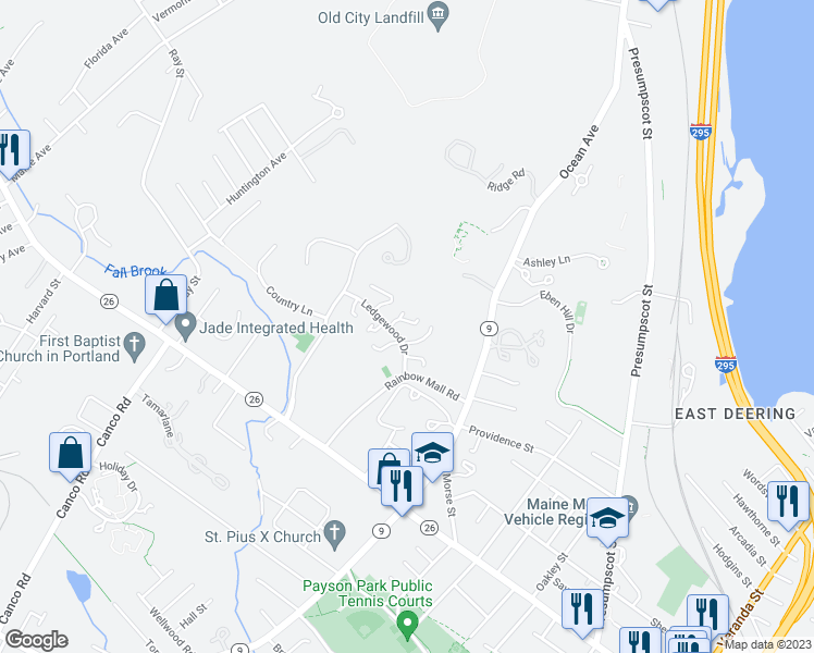map of restaurants, bars, coffee shops, grocery stores, and more near 1 Bramhall Court in Portland