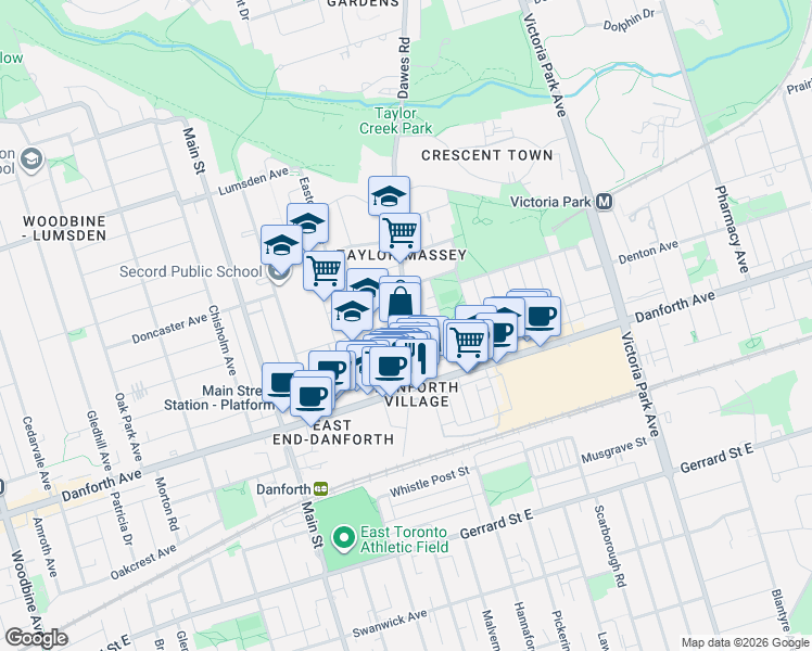 map of restaurants, bars, coffee shops, grocery stores, and more near 82 Dawes Road in Toronto