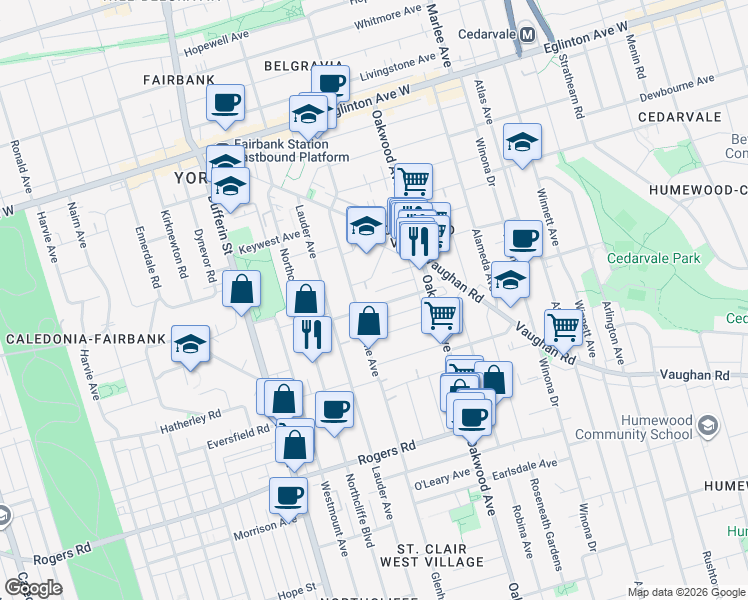 map of restaurants, bars, coffee shops, grocery stores, and more near 50 Amherst Avenue in Toronto
