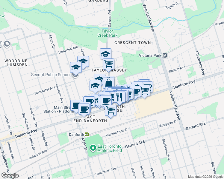 map of restaurants, bars, coffee shops, grocery stores, and more near in Toronto