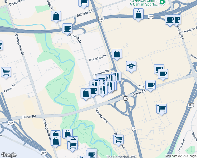 map of restaurants, bars, coffee shops, grocery stores, and more near 192-210 Attwell Dr in Toronto