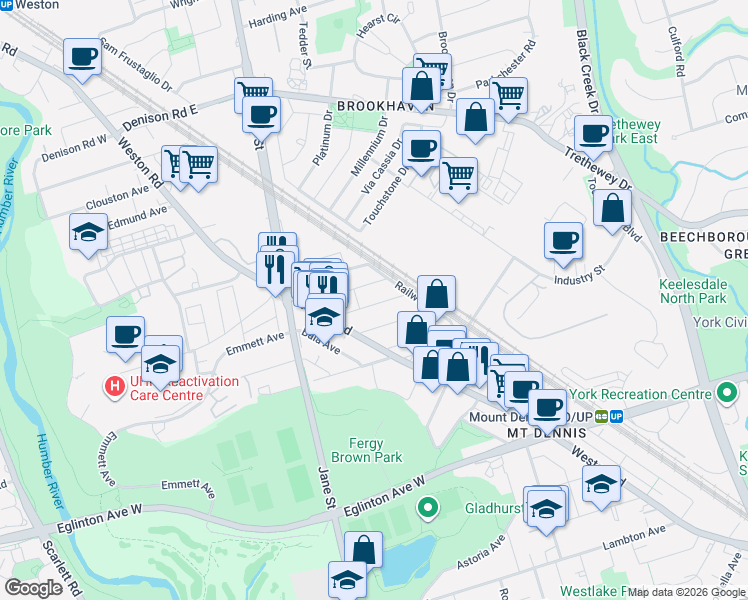 map of restaurants, bars, coffee shops, grocery stores, and more near 42 Craydon Avenue in Toronto