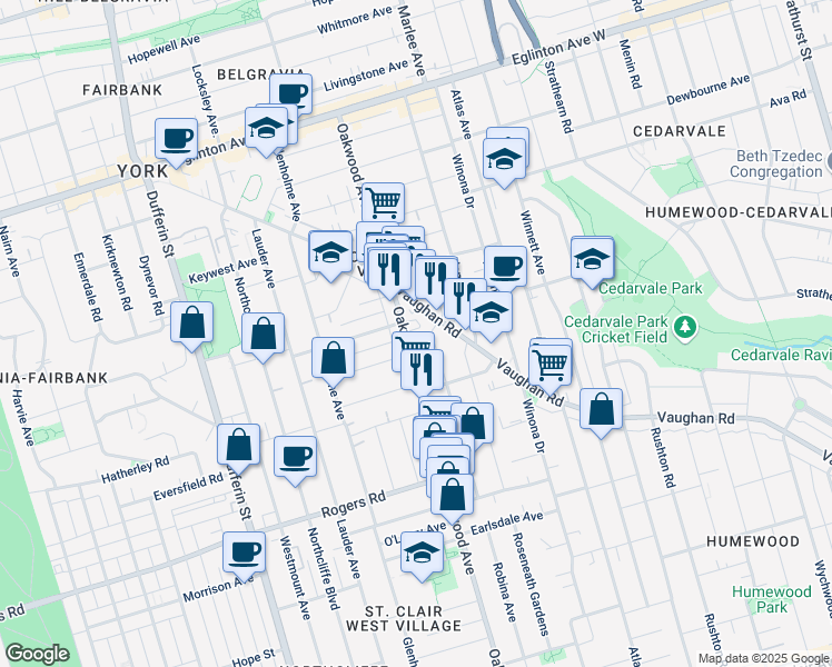 map of restaurants, bars, coffee shops, grocery stores, and more near in Toronto