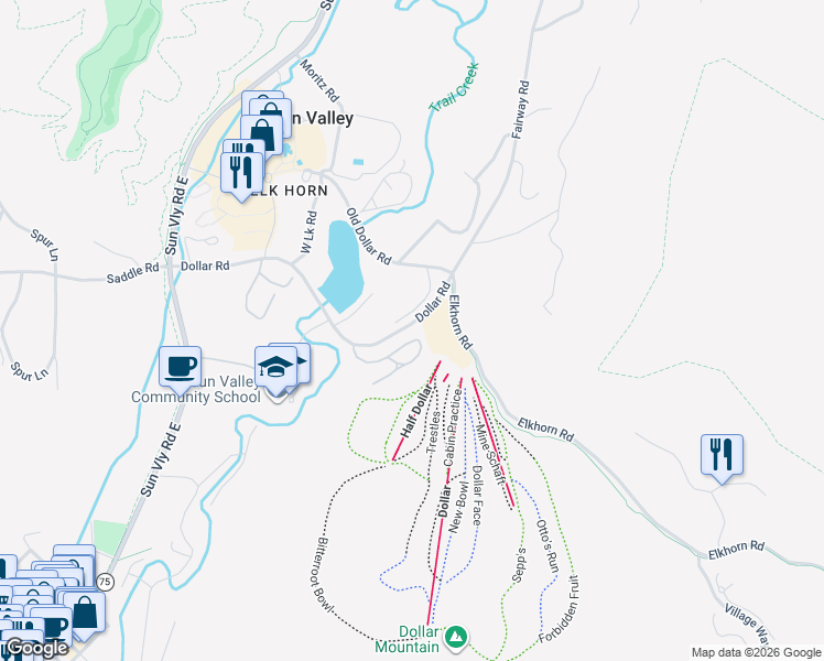 map of restaurants, bars, coffee shops, grocery stores, and more near 24 Dollar Road in Sun Valley