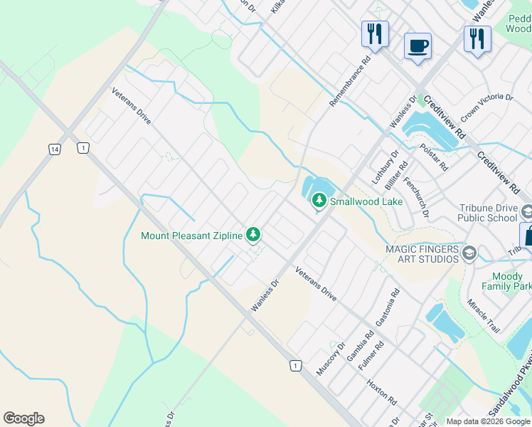 map of restaurants, bars, coffee shops, grocery stores, and more near 30 Remembrance Road in Brampton