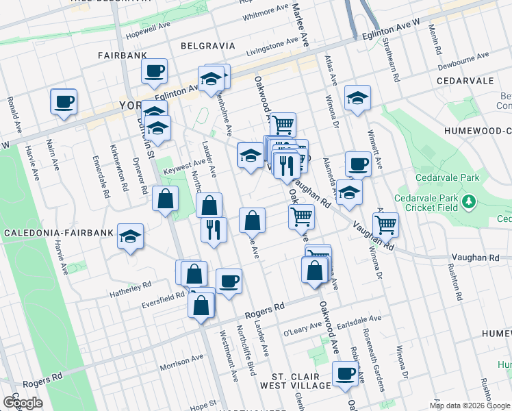 map of restaurants, bars, coffee shops, grocery stores, and more near in Toronto