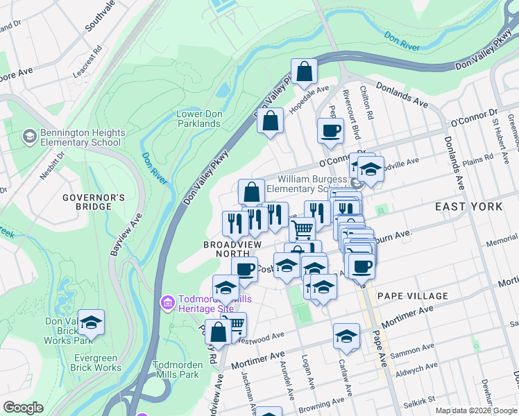 map of restaurants, bars, coffee shops, grocery stores, and more near 3 Woodville Avenue in Toronto