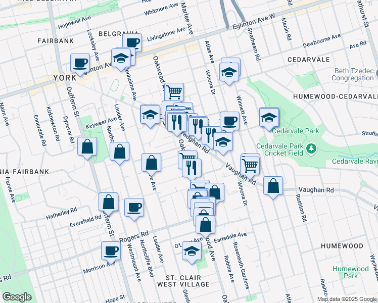 map of restaurants, bars, coffee shops, grocery stores, and more near 473 Oakwood Avenue in Toronto