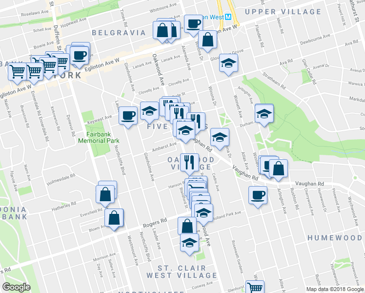 map of restaurants, bars, coffee shops, grocery stores, and more near 494 Oakwood Avenue in Toronto