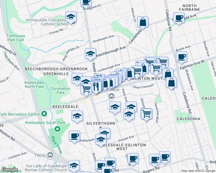 map of restaurants, bars, coffee shops, grocery stores, and more near in Toronto