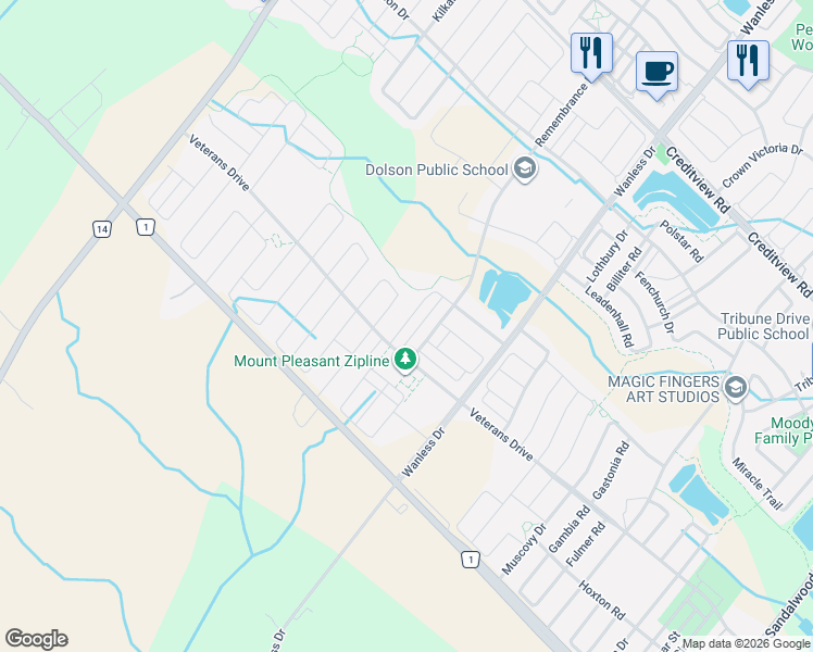 map of restaurants, bars, coffee shops, grocery stores, and more near 21 Fresnel Road in Brampton
