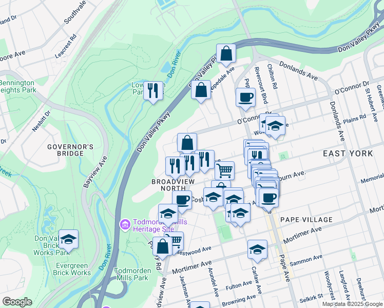 map of restaurants, bars, coffee shops, grocery stores, and more near 3 Woodville Avenue in Toronto