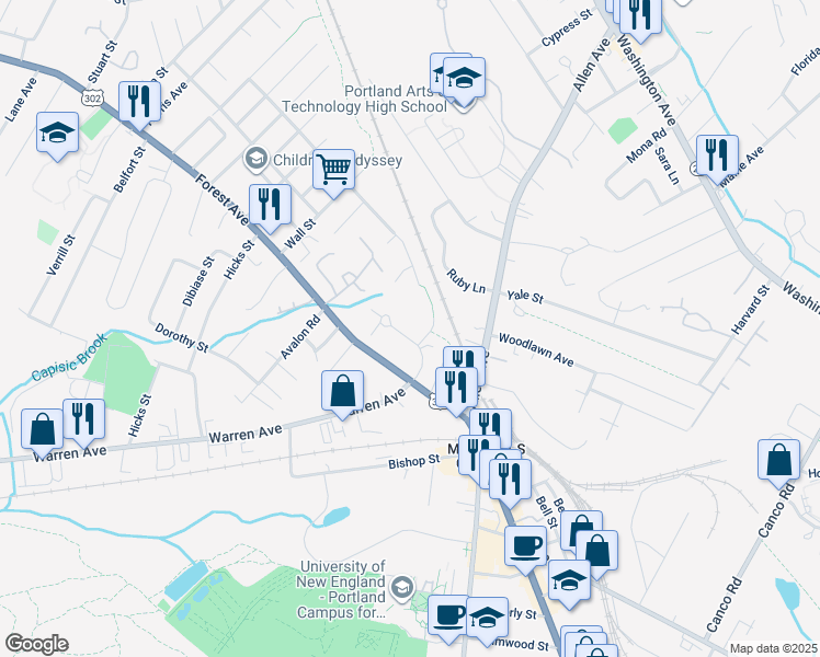 map of restaurants, bars, coffee shops, grocery stores, and more near 28 Maggie Lane in Portland