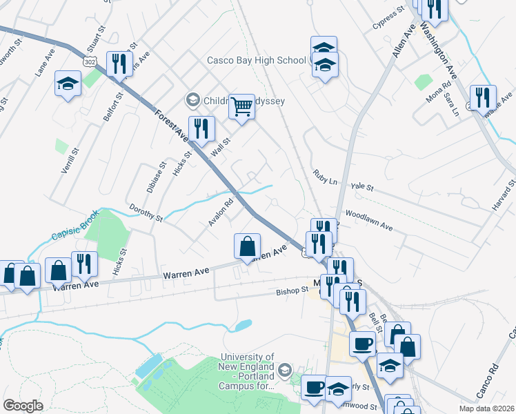 map of restaurants, bars, coffee shops, grocery stores, and more near 1312 Forest Avenue in Portland