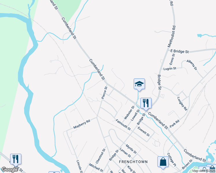 map of restaurants, bars, coffee shops, grocery stores, and more near 215 Pierce Street in Westbrook
