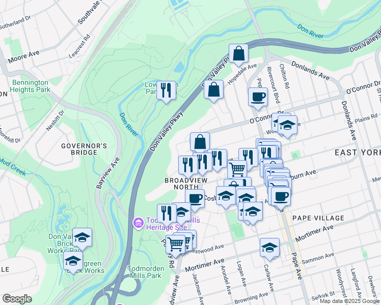 map of restaurants, bars, coffee shops, grocery stores, and more near 86 Don Valley Drive in Toronto