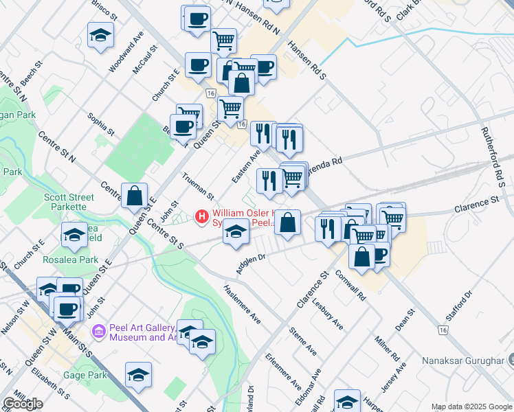 map of restaurants, bars, coffee shops, grocery stores, and more near 85 Orenda Court in Brampton