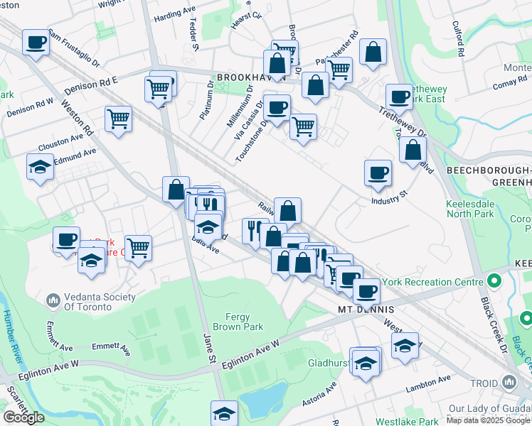 map of restaurants, bars, coffee shops, grocery stores, and more near 65 Craydon Avenue in Toronto