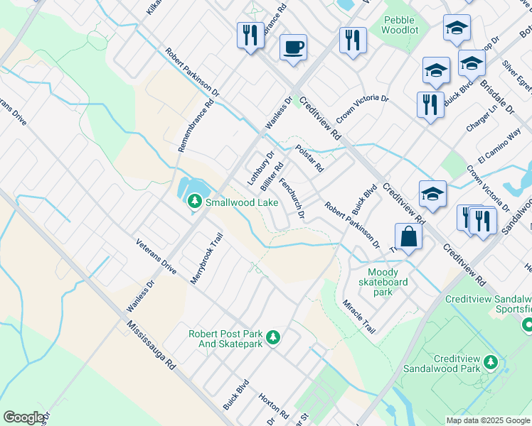map of restaurants, bars, coffee shops, grocery stores, and more near 38 Leadenhall Road in Brampton