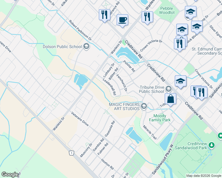 map of restaurants, bars, coffee shops, grocery stores, and more near 38 Leadenhall Road in Brampton