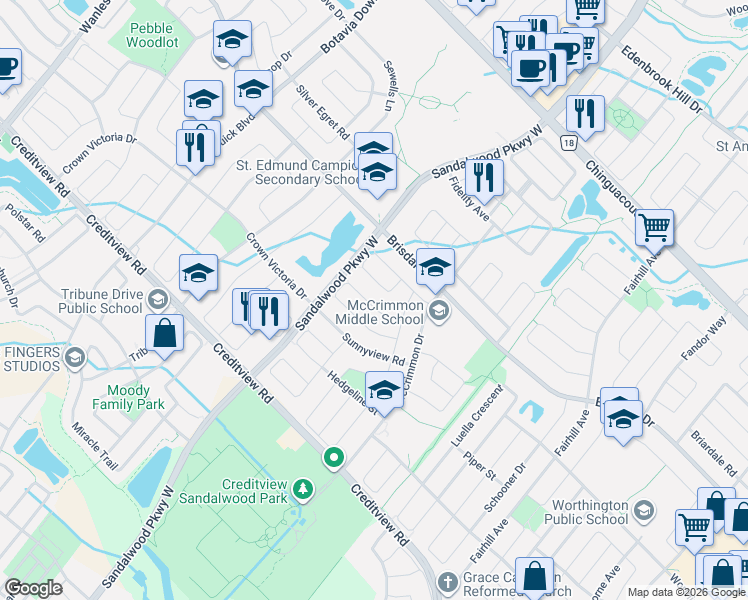 map of restaurants, bars, coffee shops, grocery stores, and more near 66 Hiberton Crescent in Brampton