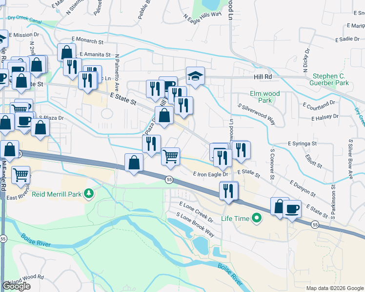 map of restaurants, bars, coffee shops, grocery stores, and more near 384 South Golden Eagle Lane in Eagle