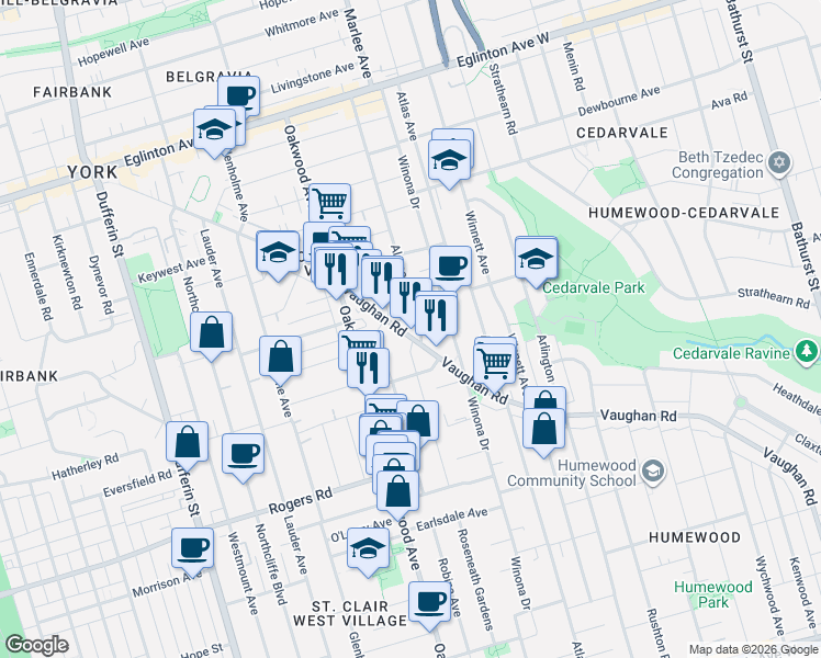 map of restaurants, bars, coffee shops, grocery stores, and more near in Toronto