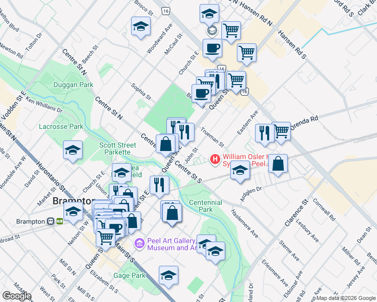 map of restaurants, bars, coffee shops, grocery stores, and more near 15 Lynch Street in Brampton