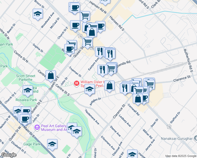 map of restaurants, bars, coffee shops, grocery stores, and more near 80 Orenda Court in Brampton