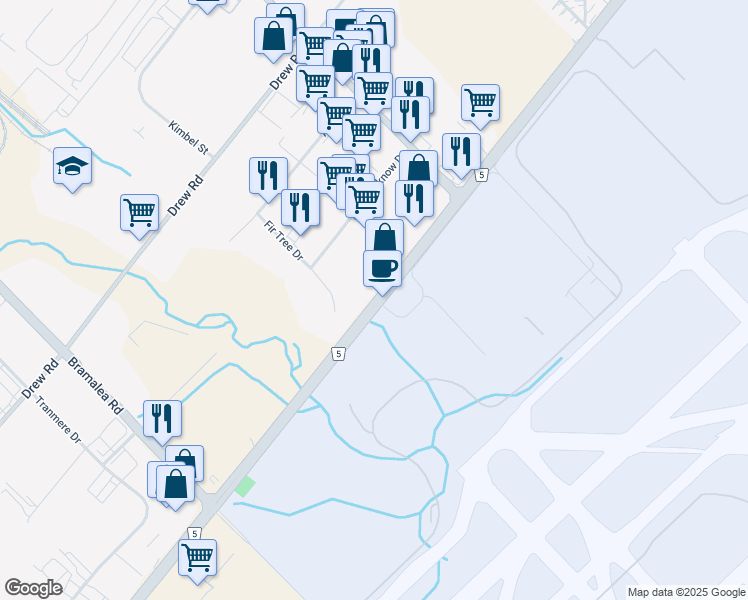map of restaurants, bars, coffee shops, grocery stores, and more near 2355 Derry Road East in Mississauga