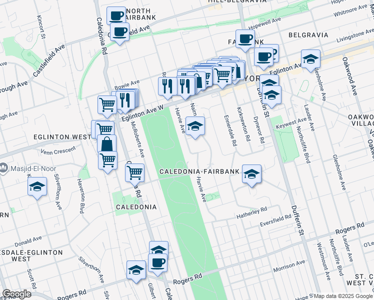 map of restaurants, bars, coffee shops, grocery stores, and more near 538 Harvie Avenue in Toronto