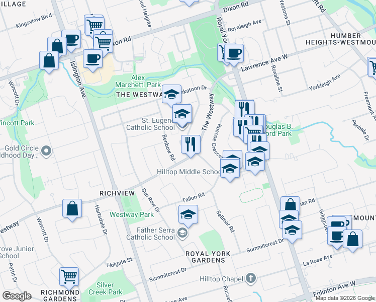 map of restaurants, bars, coffee shops, grocery stores, and more near 16 Westroyal Road in Toronto