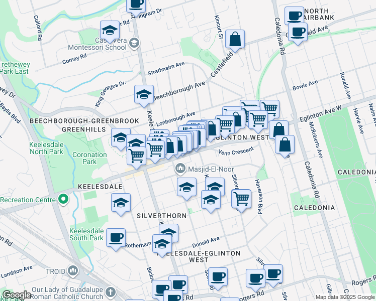 map of restaurants, bars, coffee shops, grocery stores, and more near in Toronto