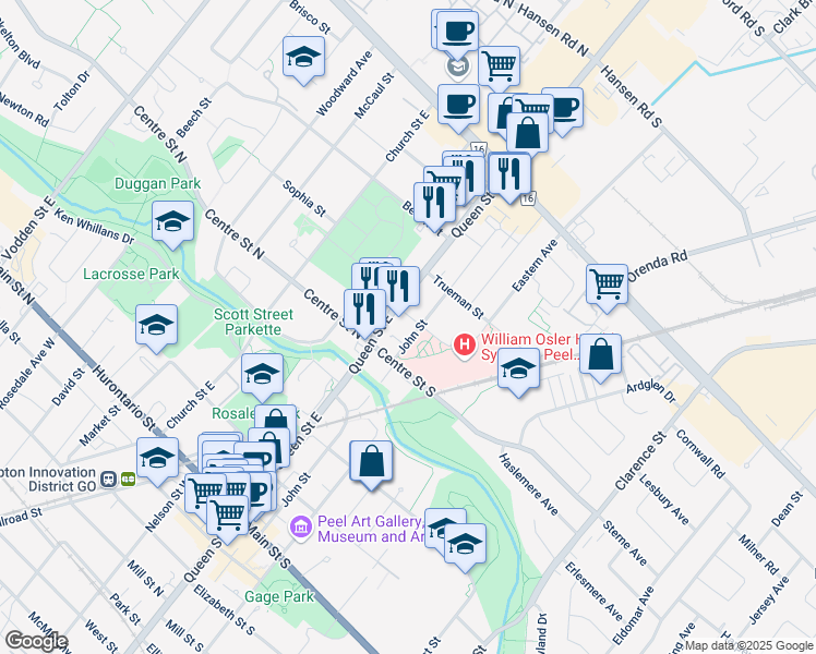 map of restaurants, bars, coffee shops, grocery stores, and more near 145 Queen Street East in Brampton