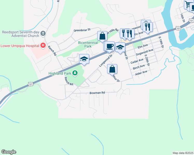 map of restaurants, bars, coffee shops, grocery stores, and more near 2632 Longwood Drive in Reedsport