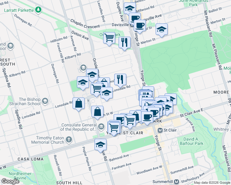 map of restaurants, bars, coffee shops, grocery stores, and more near in Toronto