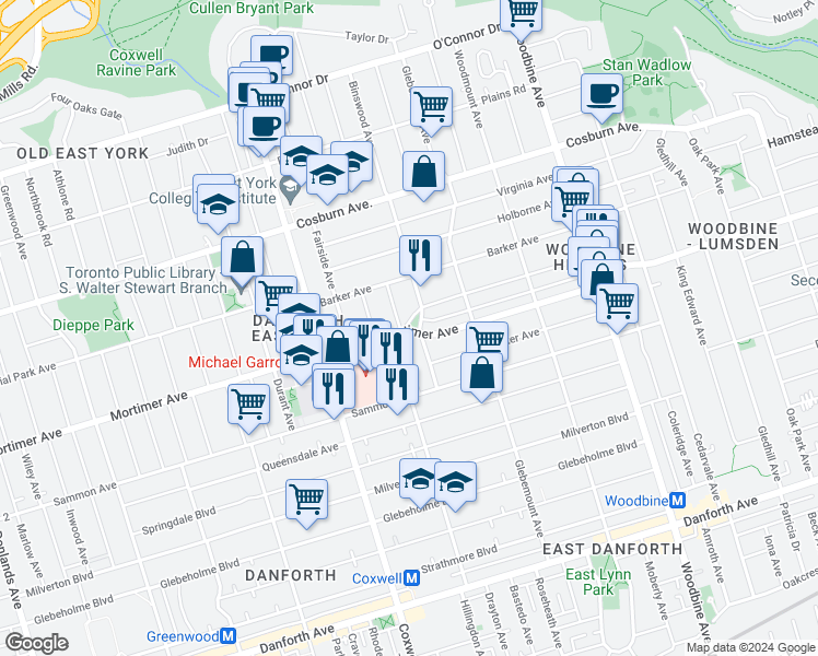 map of restaurants, bars, coffee shops, grocery stores, and more near 58 Binswood Avenue in Toronto