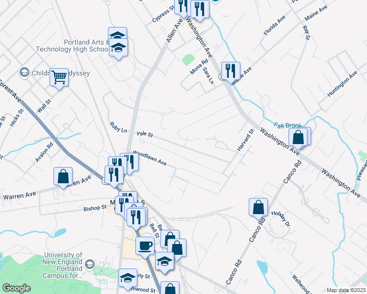 map of restaurants, bars, coffee shops, grocery stores, and more near 19 Old Campus Drive in Portland