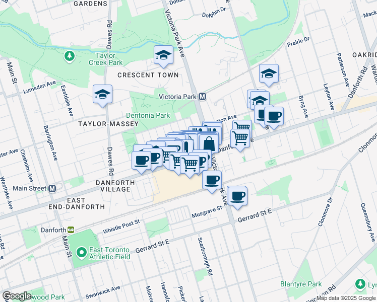 map of restaurants, bars, coffee shops, grocery stores, and more near in Toronto