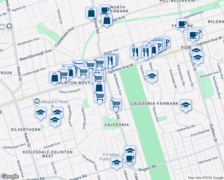 map of restaurants, bars, coffee shops, grocery stores, and more near 616 McRoberts Avenue in Toronto