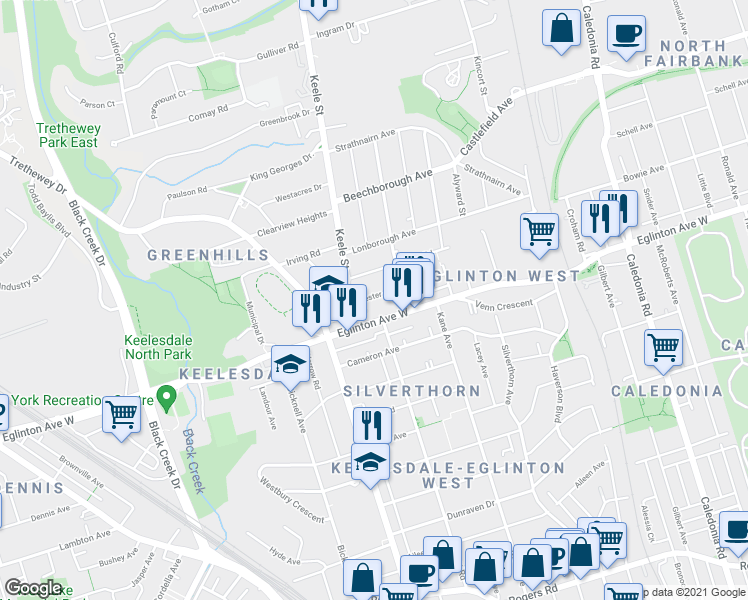 map of restaurants, bars, coffee shops, grocery stores, and more near in Toronto