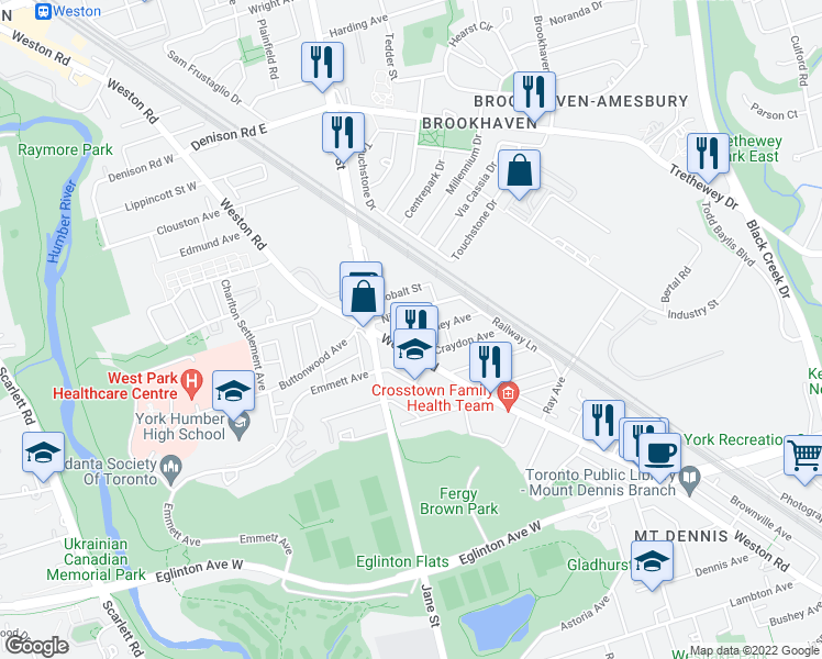 map of restaurants, bars, coffee shops, grocery stores, and more near 12 Mahoney Avenue in Toronto