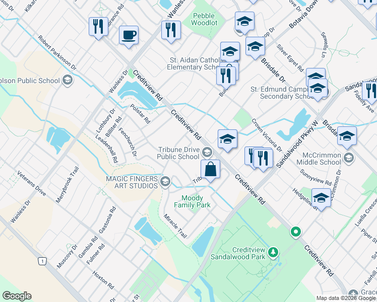 map of restaurants, bars, coffee shops, grocery stores, and more near in Brampton