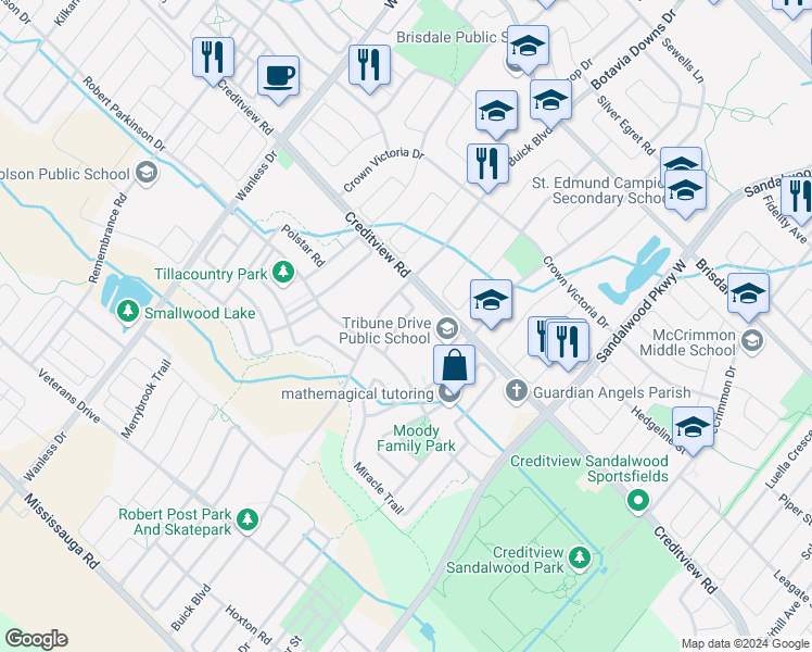 map of restaurants, bars, coffee shops, grocery stores, and more near 21 Mercedes Road in Brampton