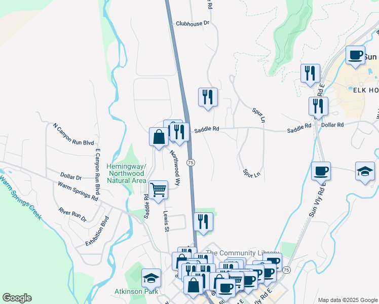 map of restaurants, bars, coffee shops, grocery stores, and more near North Main Street in Sawtooth City