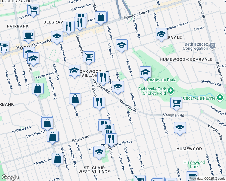 map of restaurants, bars, coffee shops, grocery stores, and more near 23 Alameda Avenue in Toronto