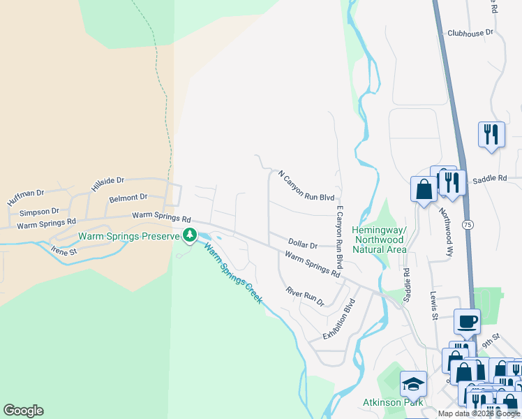 map of restaurants, bars, coffee shops, grocery stores, and more near 204 Flower Drive in Ketchum