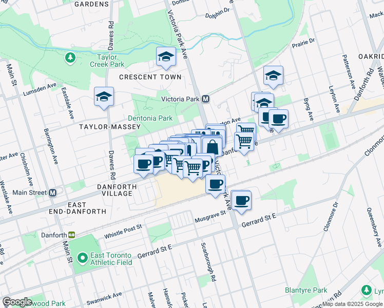 map of restaurants, bars, coffee shops, grocery stores, and more near 1 Thyra Avenue in Toronto