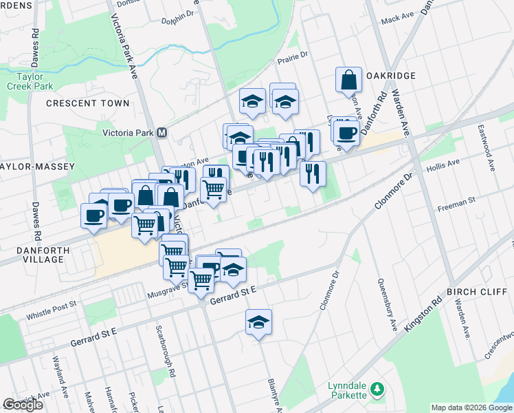 map of restaurants, bars, coffee shops, grocery stores, and more near 19 Kenworthy Avenue in Toronto