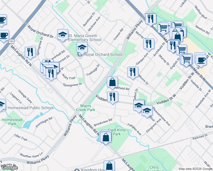 map of restaurants, bars, coffee shops, grocery stores, and more near 100 Martindale Crescent in Brampton